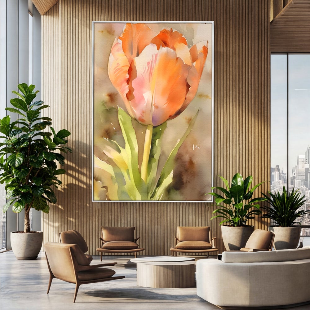 Tablou canvas cu pictura cu o lalea portocalie, in rama de aluminiu argintiu, pe perete intr-un birou